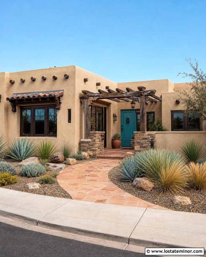 Tan Southwestern House With Rustic Pergola - 30 Tan House Design With Pergola Ideas