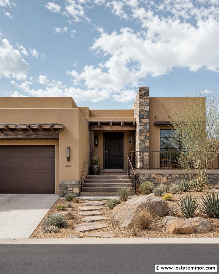 Tan Southwestern House With Weathered Wood Deck - 30 Tan House Design With Deck Ideas