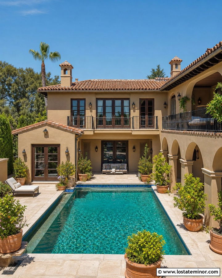 Tan Spanish House With Tiled Pool - 30 Tan House Design With Swimming Pool Ideas