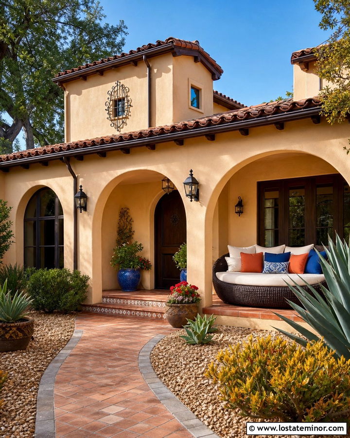 Tan Spanish House With Woven Patio Daybed - 30 Tan House Design With Daybed Ideas