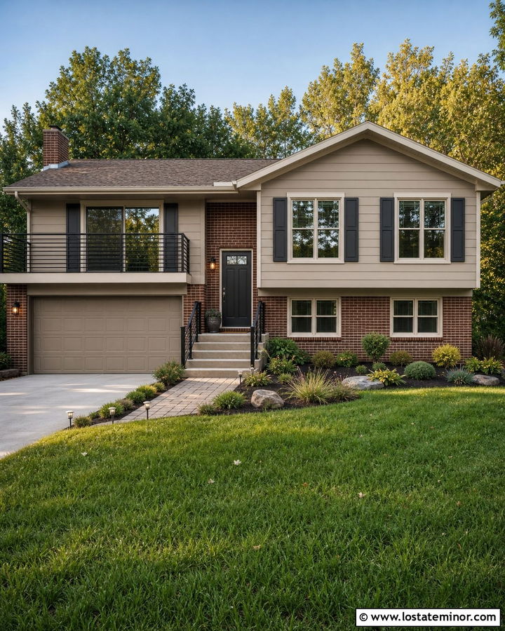 Tan Split Level House With Brick Garage - 30 Tan House Design With Brick Accents Ideas