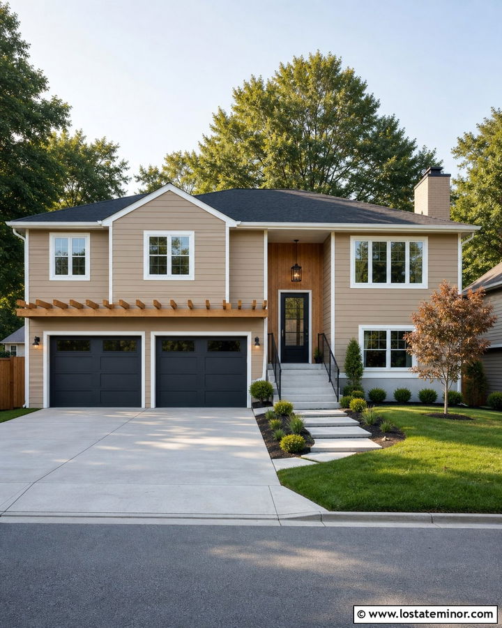 Tan Split Level House With Garage Pergola - 30 Tan House Design With Pergola Ideas