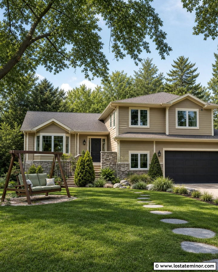 Tan Split Level House With Garden Swing - 30 Tan House Design With Swing Ideas