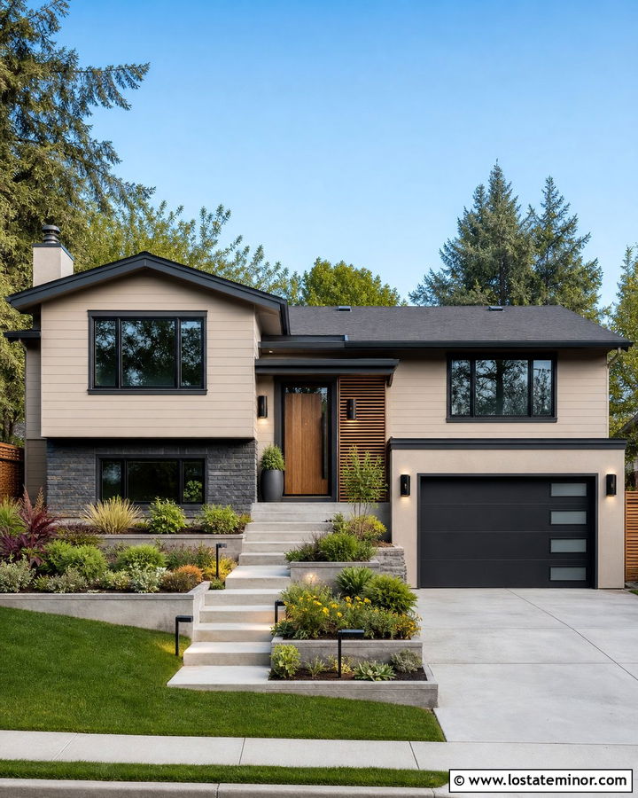 Tan Split Level House With Geometric Lights - 30 Tan House Design With Light Fixtures Ideas