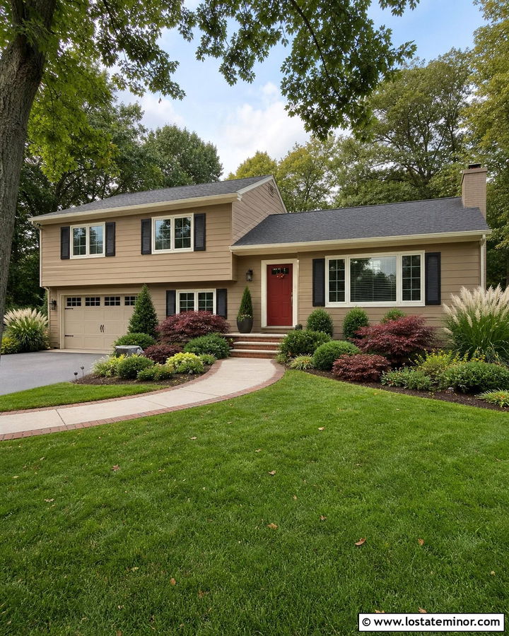 Tan Split Level House With Layered Evergreen Landscaping - 30 Tan House Design With Landscaping Ideas