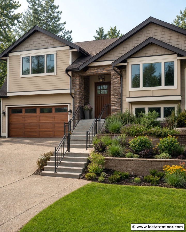 Tan Split Level House With Layered Gables - 30 Tan House Design With Gables Ideas