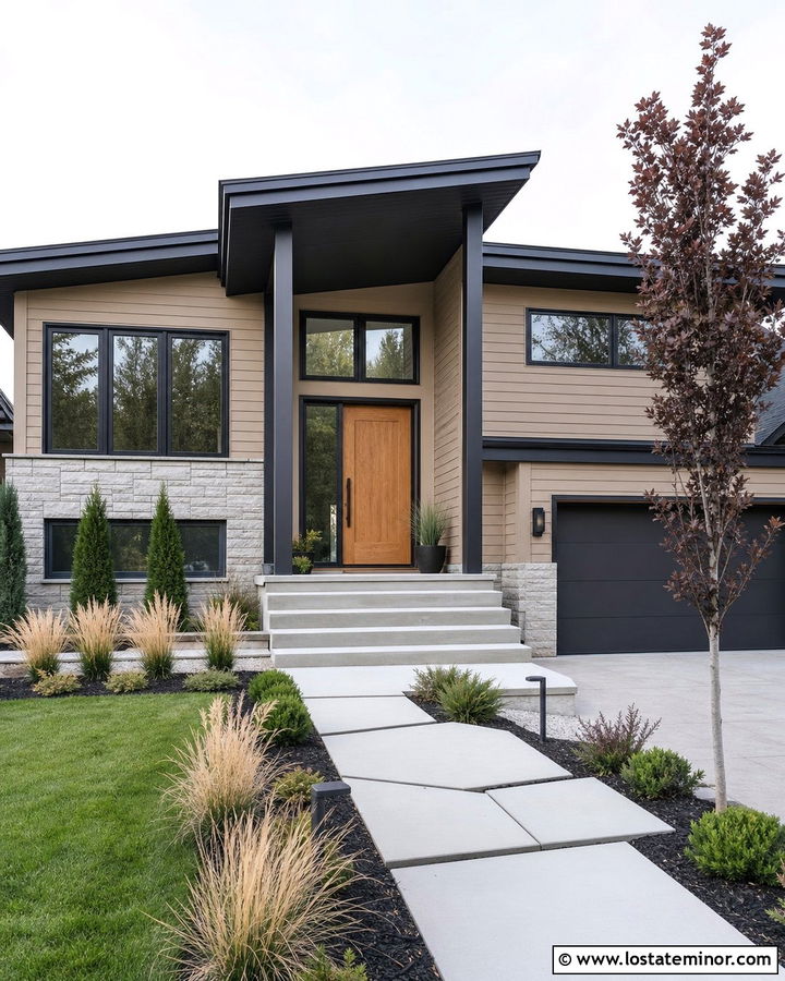 Tan Split Level House With Modern Columns - 30 Tan House Design With Porch Columns Ideas