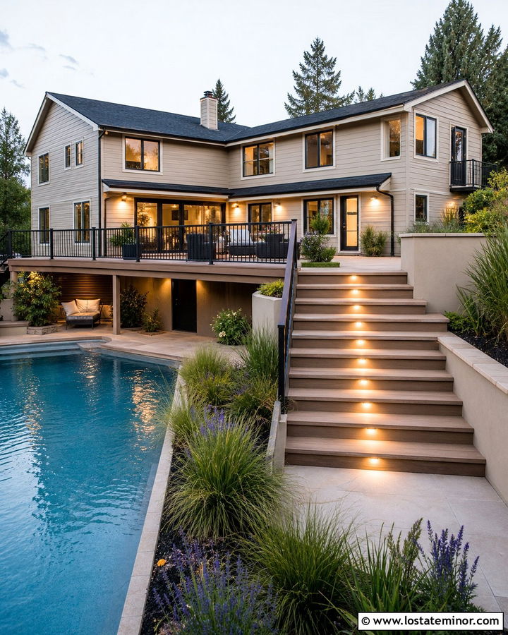 Tan Split Level House With Raised Pool Deck - 30 Tan House Design With Swimming Pool Ideas