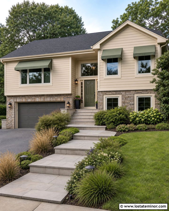 Tan Split Level House With Sage Green Awnings - 30 Tan House Design With Awning Ideas