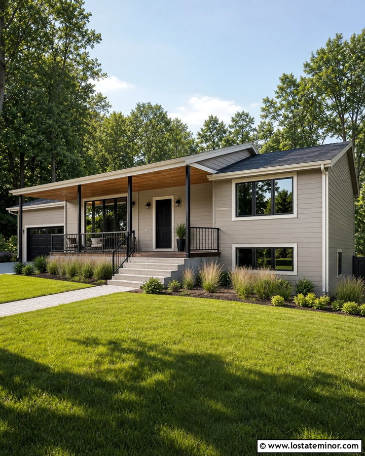 Tan Split Level House With Shed Roof Porch - 30 Tan House Design With Front Porch Ideas