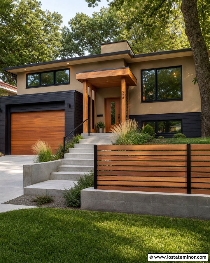 Tan Split Level House With Slatted Fence - 30 Tan House Design With Fence Ideas
