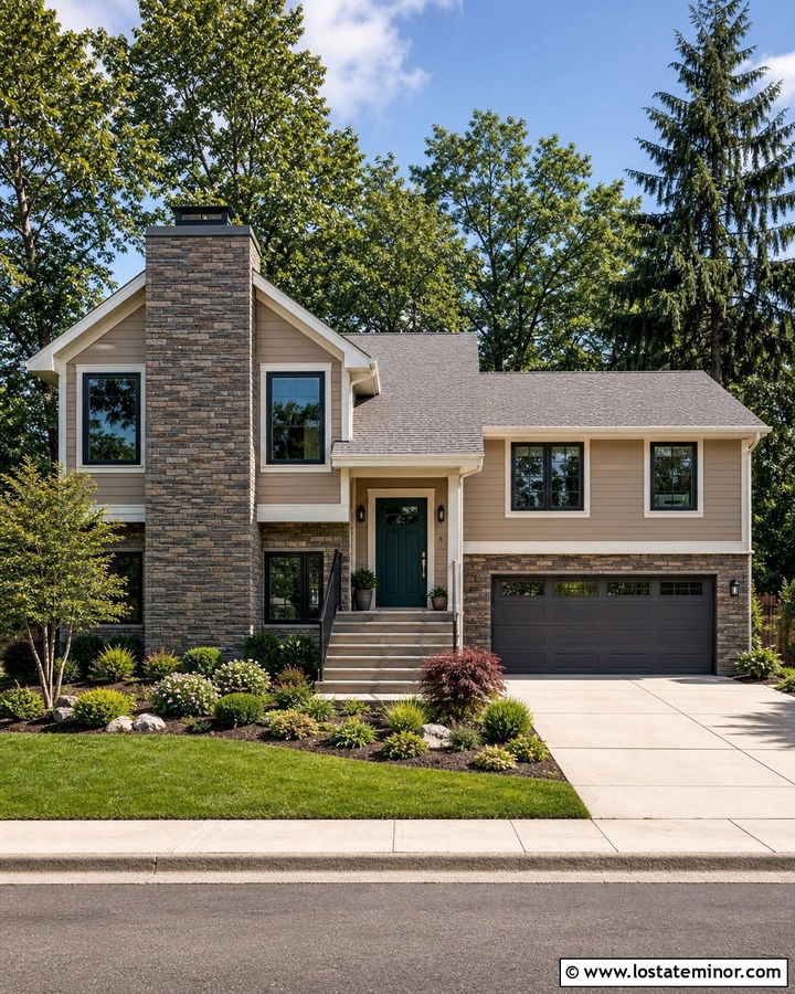 Tan Split Level House With Stone Chimney - 30 Tan House Design With Chimney Ideas