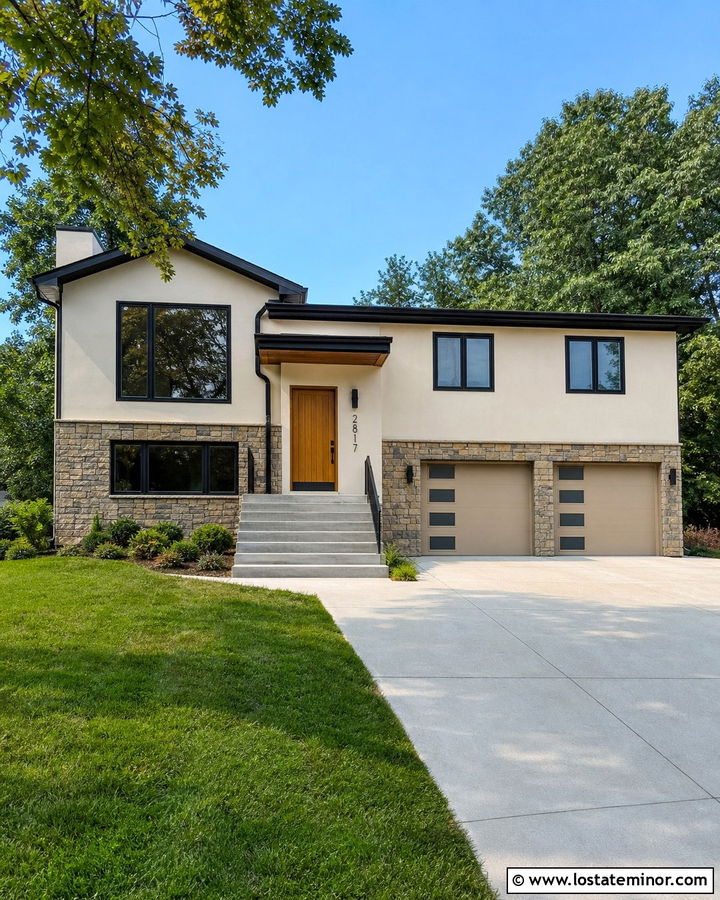 Tan Split Level House With Stone Foundation - 30 Tan House Design With Stone Accents Ideas