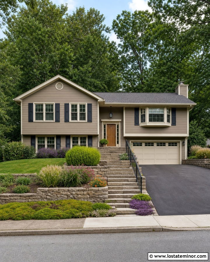 Tan Split Level House With Tiered Retaining Walls - 30 Tan House Design With Front Yard Ideas