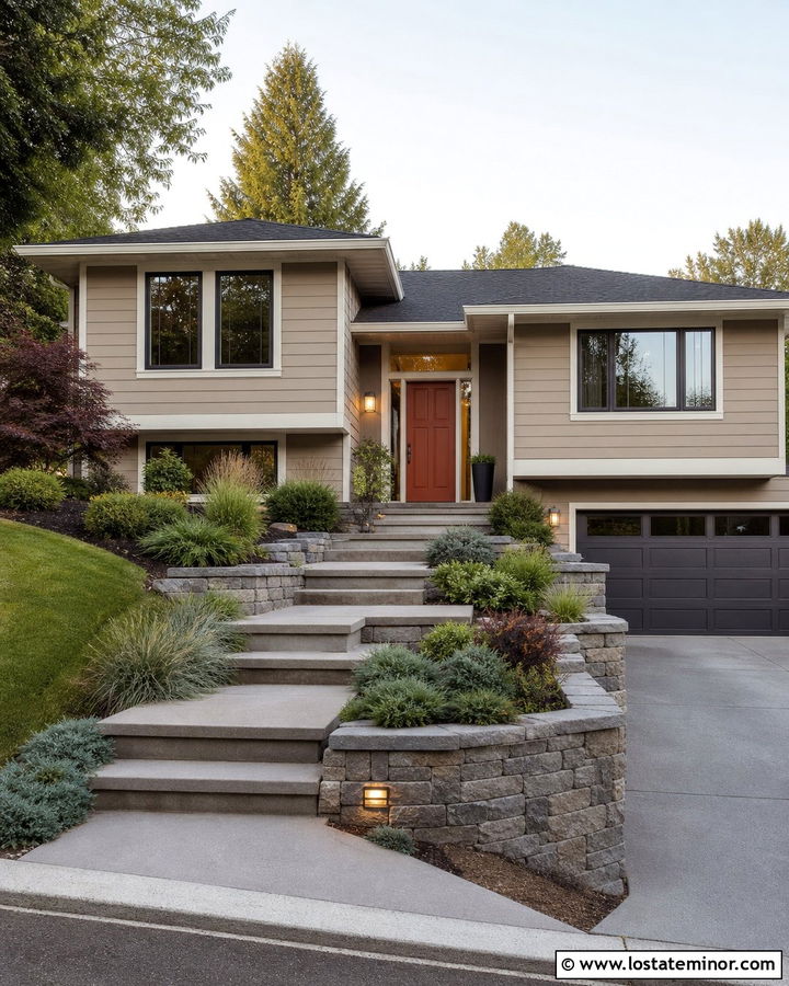 Tan Split Level House With Tiered Walkway - 30 Tan House Design With Walkway Ideas
