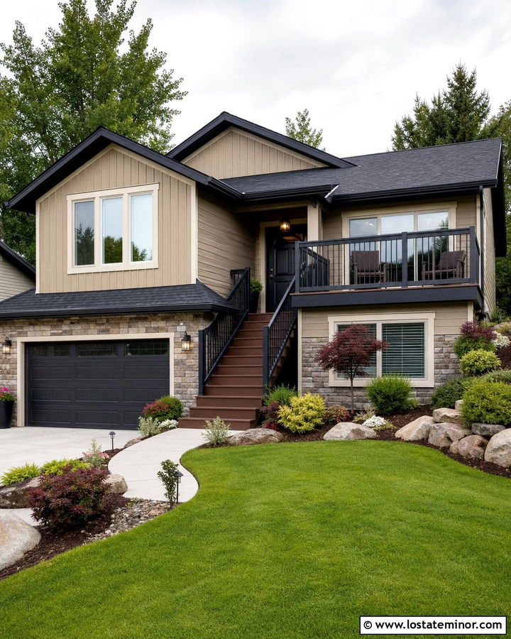 Tan Split Level House With Two Tone Deck - 30 Tan House Design With Deck Ideas