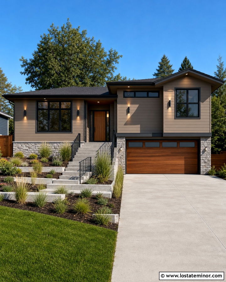 Tan Split Level House With Up And Down Lights - 30 Tan House Design With Lighting Ideas