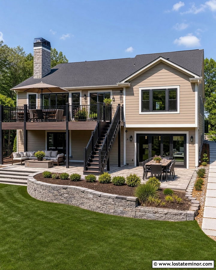 Tan Split Level House With Walkout Patio - 30 Tan House Design With Backyard Ideas
