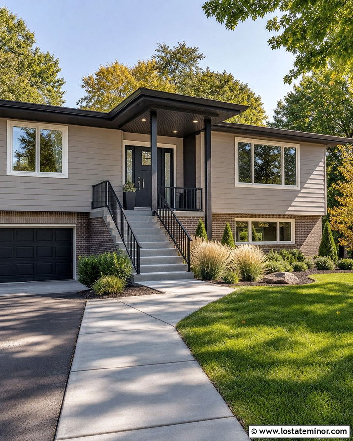 Tan Split Level With Charcoal Porch Ceiling - 30 Tan House Design With Porch Ceiling Ideas