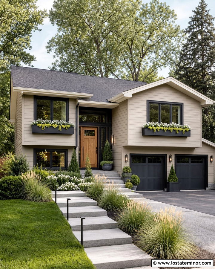 Tan Split Level With Charcoal Window Boxes - 30 Tan House Design With Window Boxes Ideas