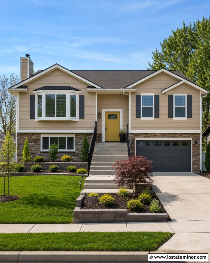 Tan Split Level With Slate Gray Shutters - 30 Tan House Design With Shutters Ideas