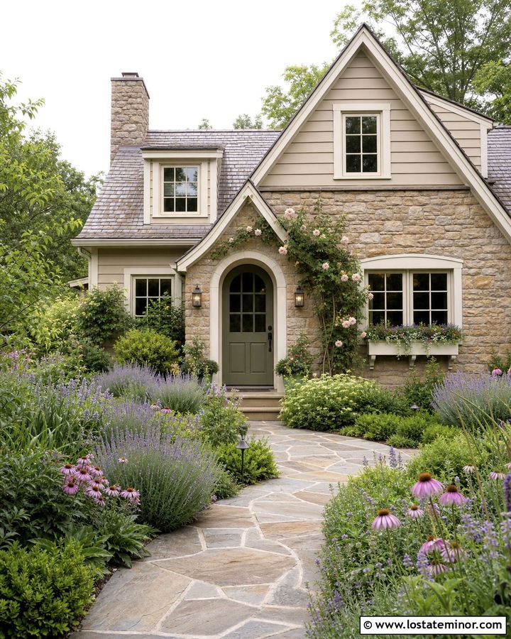 Tan Stone Cottage With An English Front Garden - 30 Tan House Design With Front Yard Ideas