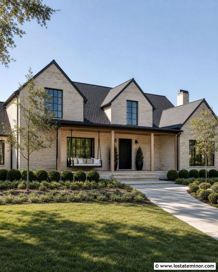 Tan Stone House With Black Rope Swing - 30 Tan House Design With Swing Ideas