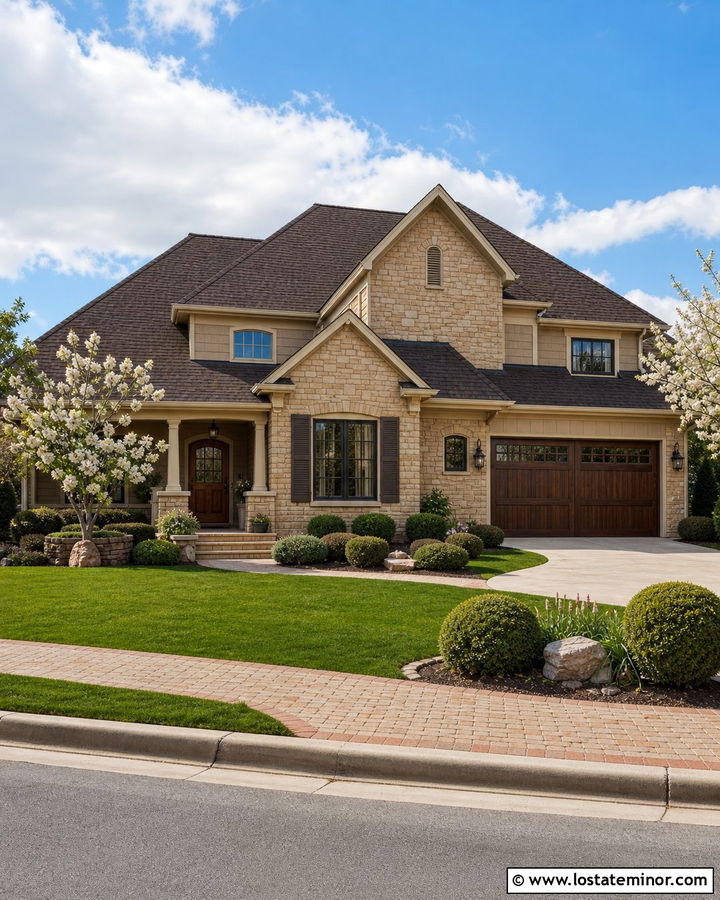 Tan Stone House With Brown Shingle Roof - 30 Stone House Design With Roof Ideas