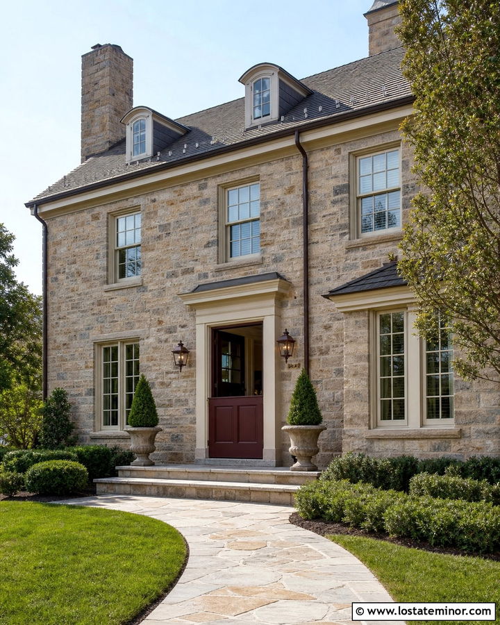 Tan Stone House With Burgundy Dutch Door - 30 Tan House Design With Dutch Door Ideas