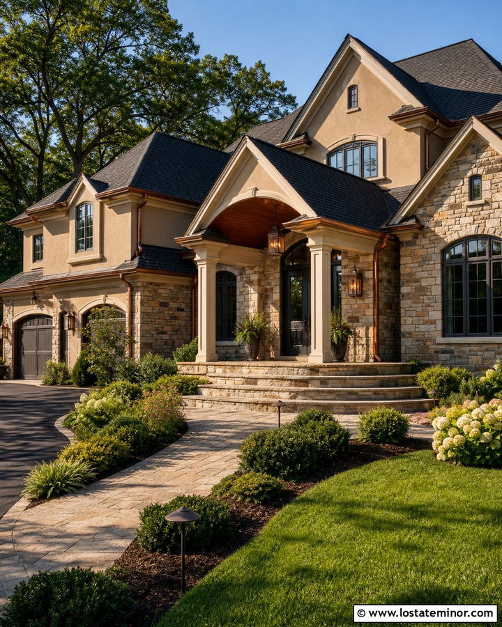 Tan Stone House With Copper Tone Porch Ceiling - 30 Tan House Design With Porch Ceiling Ideas
