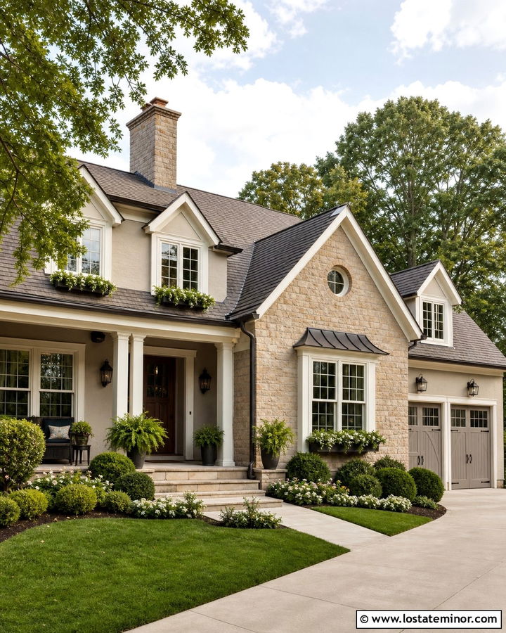 Tan Stone House With Cream Trim - 30 Stone House Design With Trim Ideas