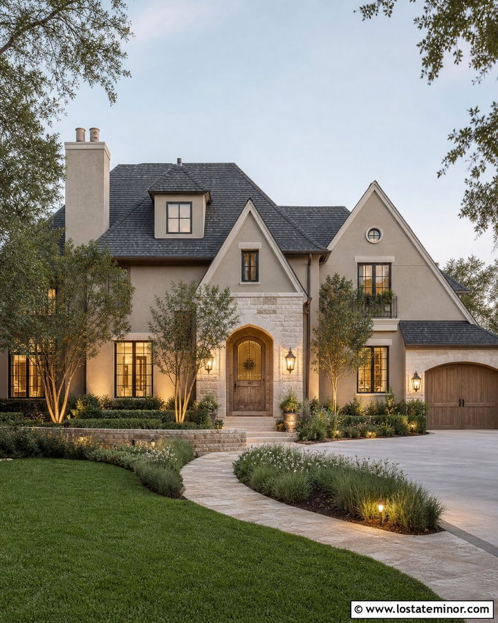 Tan Stone House With Hidden Landscape Lighting - 30 Tan House Design With Lighting Ideas