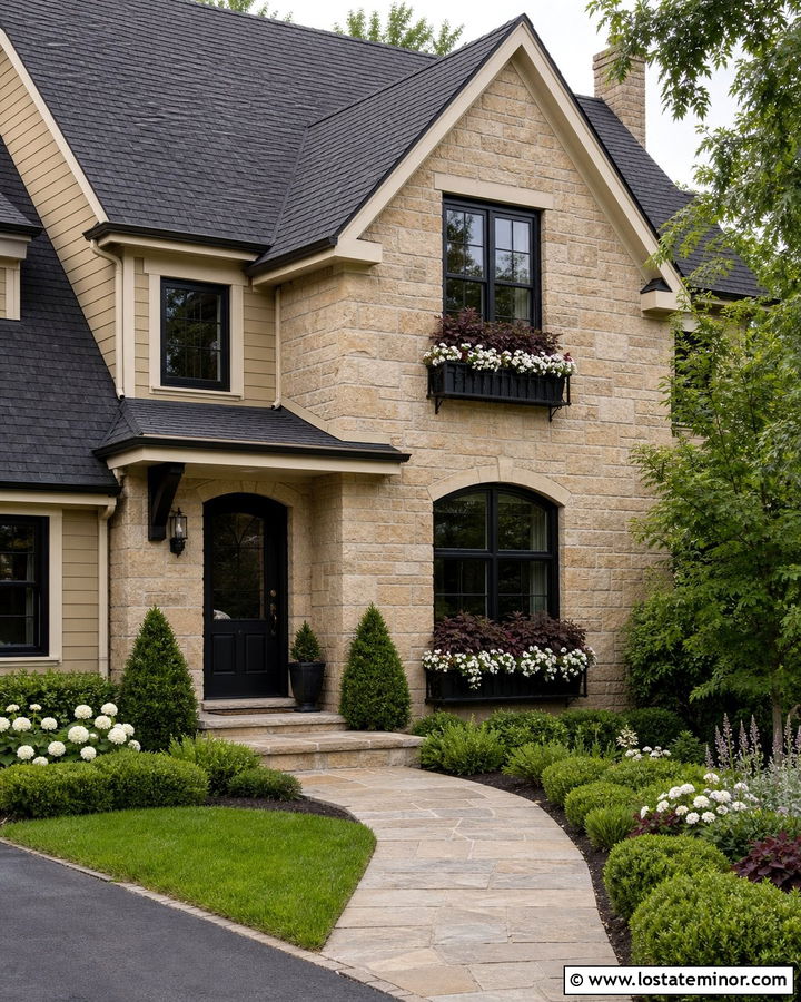 Tan Stone House With Iron Window Boxes - 30 Tan House Design With Window Boxes Ideas
