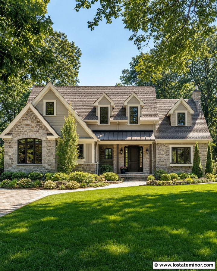 Tan Stone House With Siding Dormers - 30 Tan House Design With Dormers Ideas