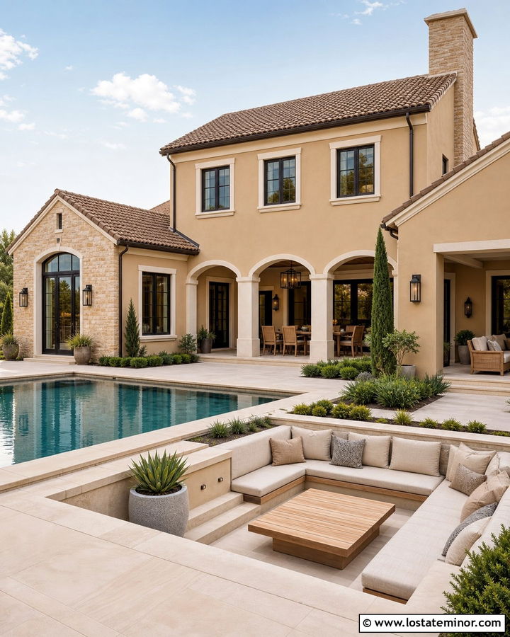 Tan Stone House With Sunken Pool Lounge - 30 Tan House Design With Swimming Pool Ideas