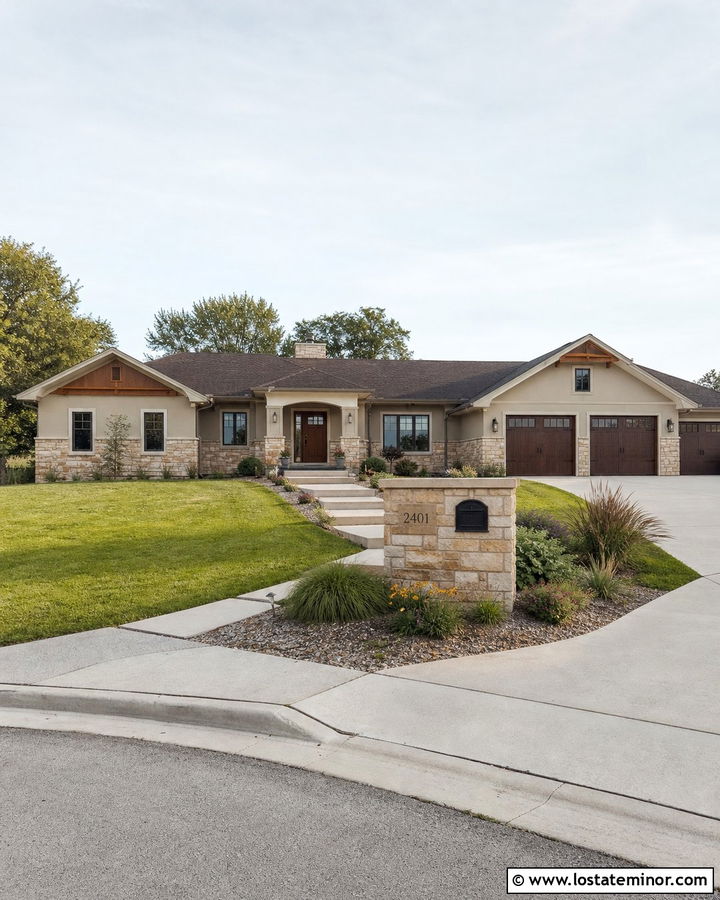Tan Stone Ranch House With Bronze Mailbox - 30 Stone House Design With Mailbox Ideas