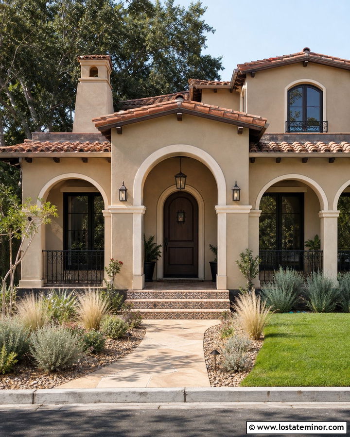 Tan Stucco House With Arched Front Porch - 30 Tan House Design With Front Porch Ideas