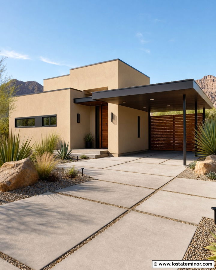 Tan Stucco House With Black Metal Carport - 30 Tan House Design With Carport Ideas