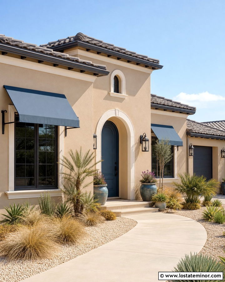 Tan Stucco House With Blue Gray Awnings - 30 Tan House Design With Awning Ideas