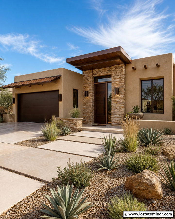 Tan Stucco House With Bronze Cylinder Lights - 30 Tan House Design With Light Fixtures Ideas