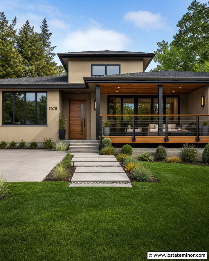 Tan Stucco House With Cable Rail Deck - 30 Tan House Design With Deck Ideas