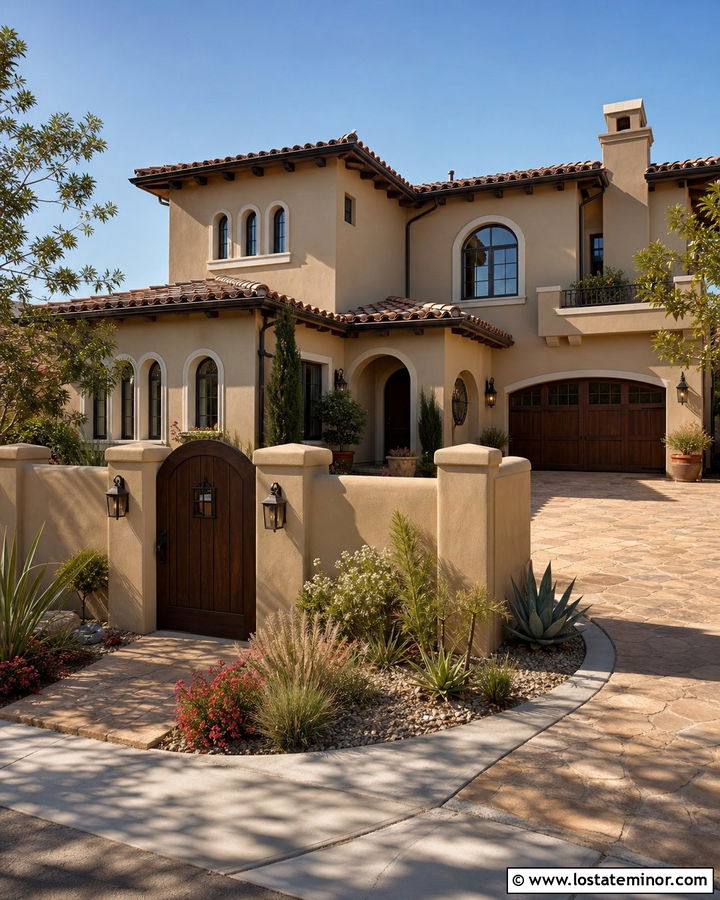 Tan Stucco House With Courtyard Fence - 30 Tan House Design With Fence Ideas