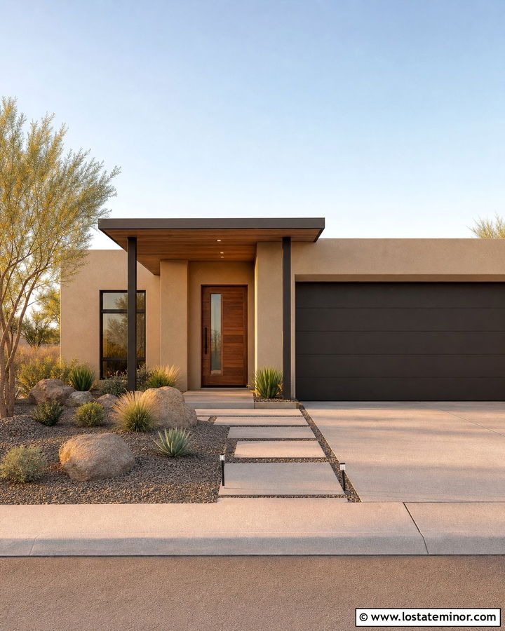 Tan Stucco House With Flat Roof Portico - 30 Tan House Design With Portico Ideas
