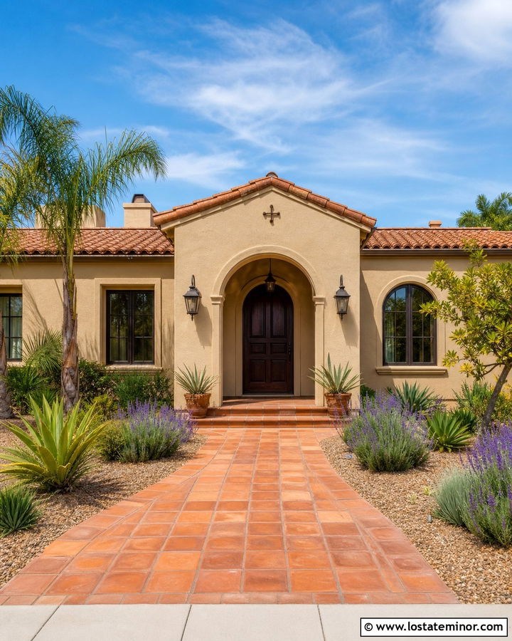 Tan Stucco House With Saltillo Tile Walkway - 30 Tan House Design With Walkway Ideas