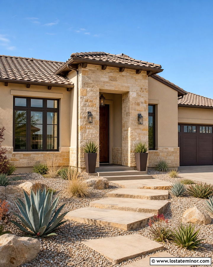 Tan Stucco House With Sandstone Wainscoting - 30 Tan House Design With Wainscoting Ideas