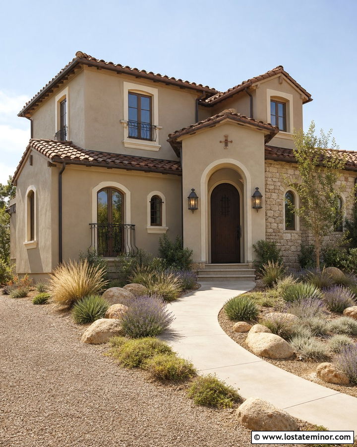 Tan Stucco House With Terracotta Brown Shingles - 30 Tan House Design With Shingles Ideas
