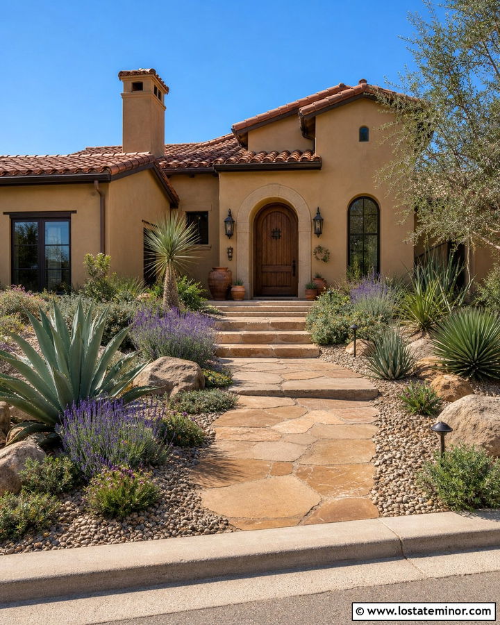 Tan Stucco House With Terracotta Roof And Xeriscaping - 30 Tan House Design With Front Yard Ideas