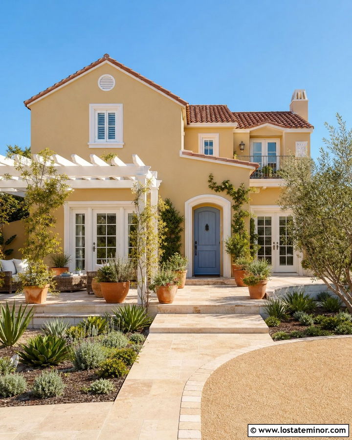 Tan Stucco House With White Courtyard Pergola - 30 Tan House Design With Pergola Ideas