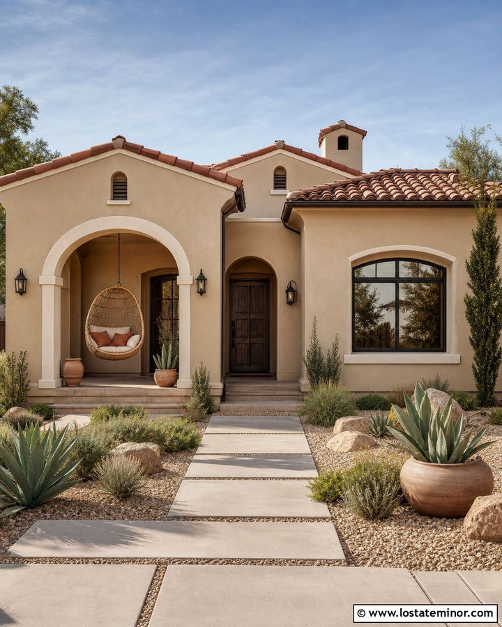 Tan Stucco House With Woven Swing Chair - 30 Tan House Design With Swing Ideas
