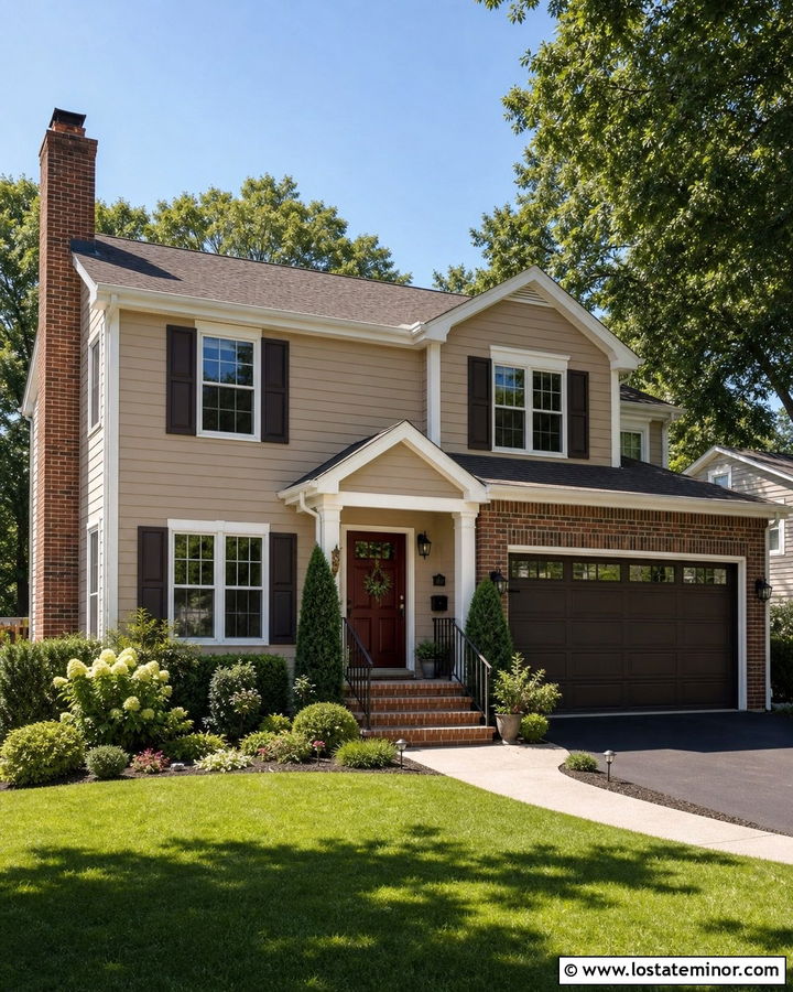 Tan Suburban House With Brick Garage Chimney - 30 Tan House Design With Chimney Ideas